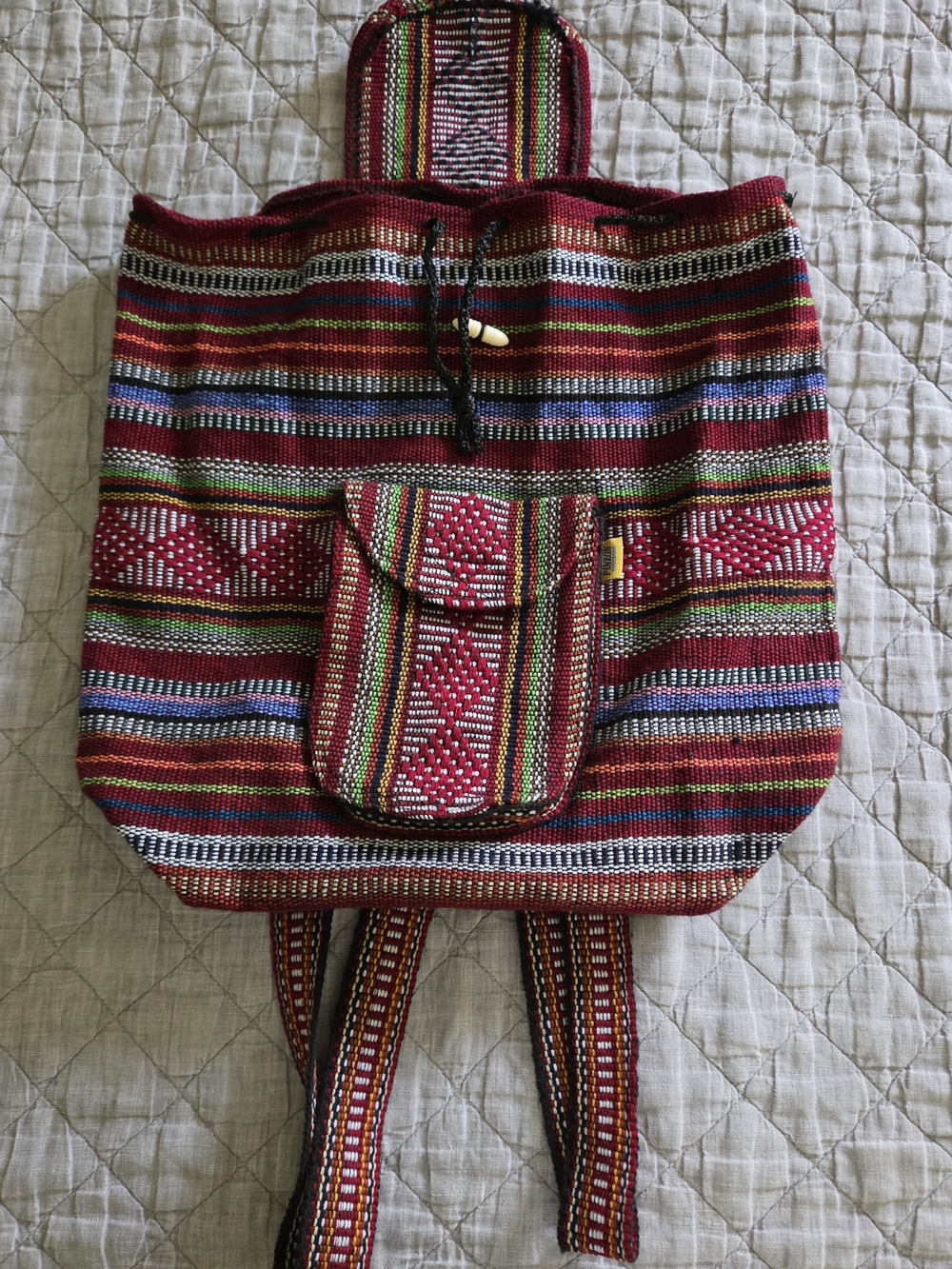 Handwoven Red Multicolor Drawstring Backpack, Made In MEXICO - Picture 2 of 10